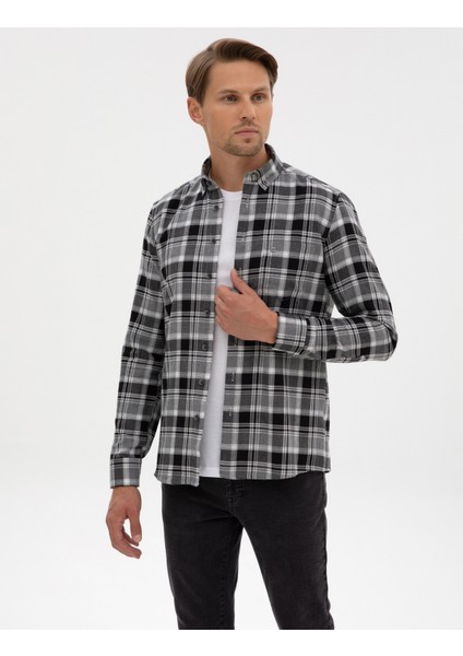Erkek Siyah Oduncu Ekose Regular Fit Uzun Kollu Gömlek 50312356-VR046
