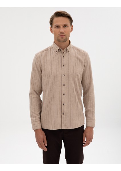Erkek Vizon Çizgili Regular Fit Uzun Kollu Gömlek 50312366-VR052