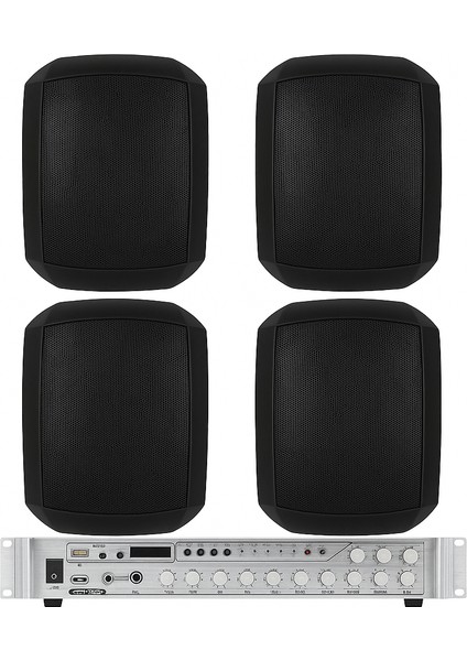 , Üst Segment 4 Hoparlör 1 Anfi Mağaza Ses Sistemi, Kafe Ses Sistemi, Cami Ses Sistemi, Restorant Ses Sistemi, Profesyonel Ses ve Ananos Sistemi Siyah Renk
