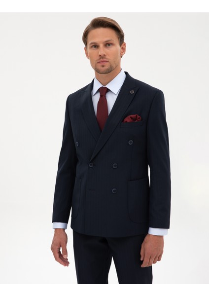 Erkek Lacivert Ex. Slim Fit Çizgili Kruvaze Takım Elbise 50316758-VR033 modelleri