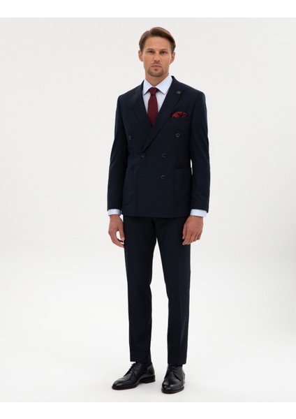 Erkek Lacivert Ex. Slim Fit Çizgili Kruvaze Takım Elbise 50316758-VR033 fırsatları