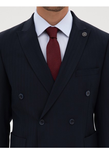 Erkek Lacivert Ex. Slim Fit Çizgili Kruvaze Takım Elbise 50316758-VR033