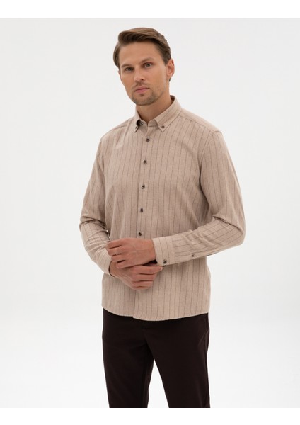 Erkek Vizon Çizgili Regular Fit Uzun Kollu Gömlek 50312366-VR052 modelleri
