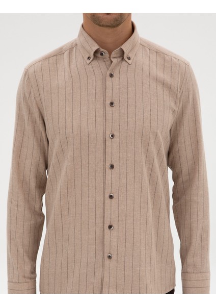 Erkek Vizon Çizgili Regular Fit Uzun Kollu Gömlek 50312366-VR052