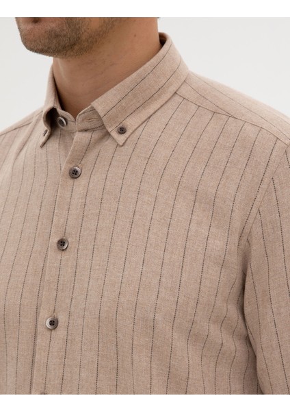 Erkek Vizon Çizgili Regular Fit Uzun Kollu Gömlek 50312366-VR052