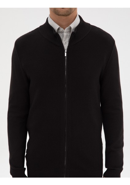 Erkek Siyah Slim Fit Fermuarlı Triko Hırka 50317341-VR046