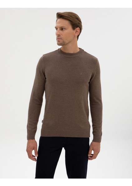 Erkek Vizon Melanj Slim Fit Çeyrek Yaka Basic Triko Kazak 50315456-VR174