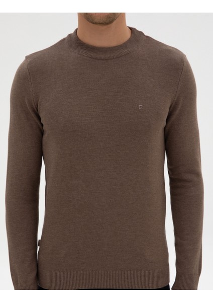 Erkek Vizon Melanj Slim Fit Çeyrek Yaka Basic Triko Kazak 50315456-VR174