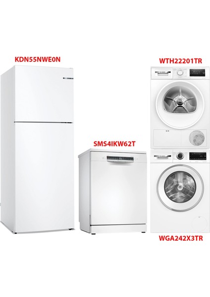 KDN55NWE0N - SMS4IKW62T - WGA242X3TR - WTH22201TR Beyaz Eşya 4'lü Set