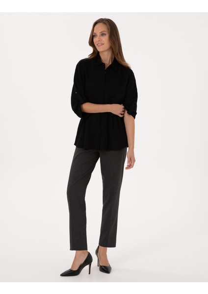 Kadın Siyah Comfort Fit Uzun Kollu Gömlek 50318228-VR046 fırsatları