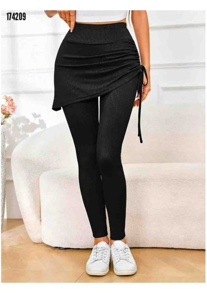 Kadın Yüksek Bel Yandan Büzgülü Alttan Uzun Kaşkorse Tayt Etek, Kırmızı Gül Figürlü Kolye Hediye