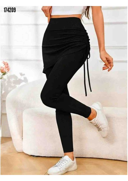 Kadın Yüksek Bel Yandan Büzgülü Alttan Uzun Kaşkorse Tayt Etek, Kırmızı Gül Figürlü Kolye Hediye modelleri