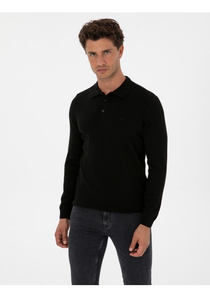Erkek Siyah Slim Fit Polo Yaka Basic Triko Kazak 50315405-VR046