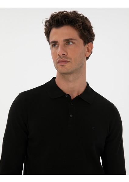 Erkek Siyah Slim Fit Polo Yaka Basic Triko Kazak 50315405-VR046 fiyatları