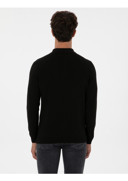 Erkek Siyah Slim Fit Polo Yaka Basic Triko Kazak 50315405-VR046 indirimleri