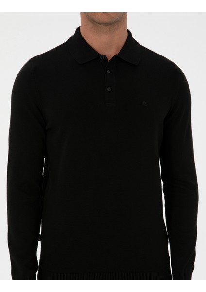 Erkek Siyah Slim Fit Polo Yaka Basic Triko Kazak 50315405-VR046