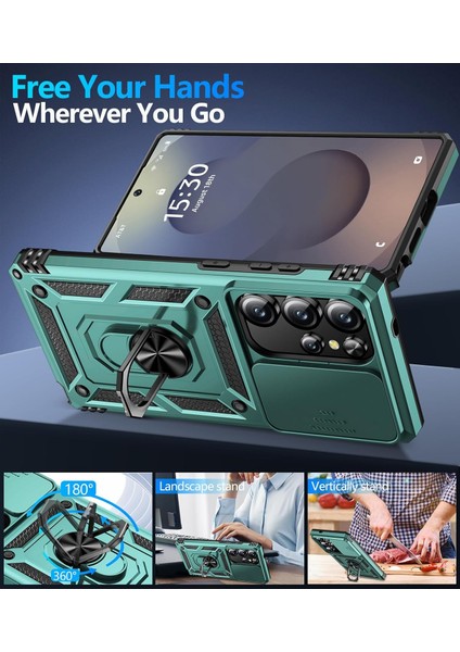 Samsung Galaxy S24 Ultra Uyumlu Ekran Koruyucu Kılıf Sürgülü Yüzüklü Standlı Darbe Emici Tank Kapak modelleri