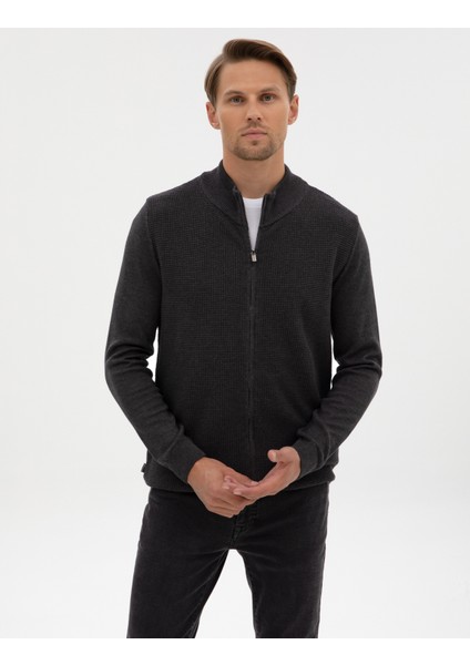 Erkek Koyu Antrasit Melanj Slim Fit Fermuarlı Triko Hırka 50317341-VR266