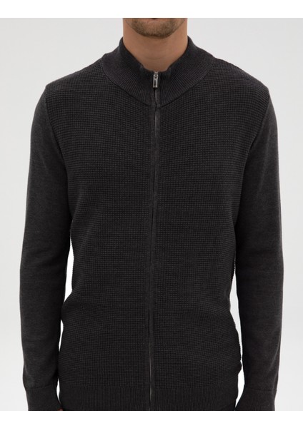 Erkek Koyu Antrasit Melanj Slim Fit Fermuarlı Triko Hırka 50317341-VR266