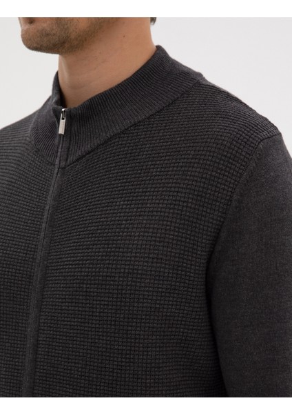 Erkek Koyu Antrasit Melanj Slim Fit Fermuarlı Triko Hırka 50317341-VR266