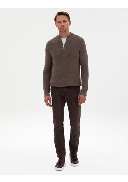 Erkek Vizon Melanj Slim Fit Dik Yaka Fermuarlı Triko Kazak 50317363-VR174 fırsatları