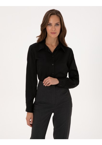 Kadın Siyah Comfort Fit Uzun Kollu Gömlek 50318218-VR046