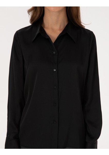 Kadın Siyah Comfort Fit Uzun Kollu Gömlek 50318218-VR046