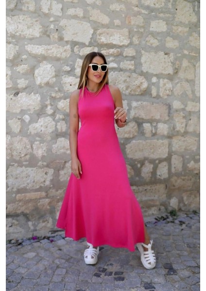 Yeşil Arkası Çapraz Yırtmaçlı Maxi Boy Elbise