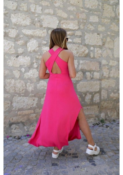 Yeşil Arkası Çapraz Yırtmaçlı Maxi Boy Elbise fiyatları