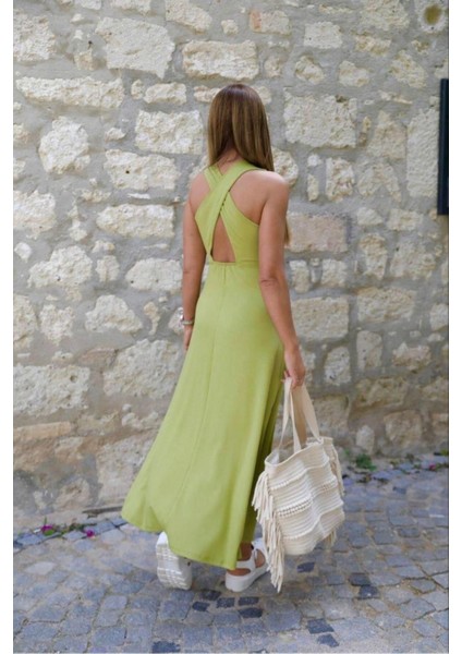 Yeşil Arkası Çapraz Yırtmaçlı Maxi Boy Elbise fiyatları