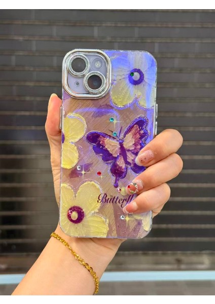 iPhone 15 Kılıf Renk Geçişli Taşlı Kamera Lens Korumalı Simli Mor Butterfly Desenli Darbe Emici Kapak fiyatları