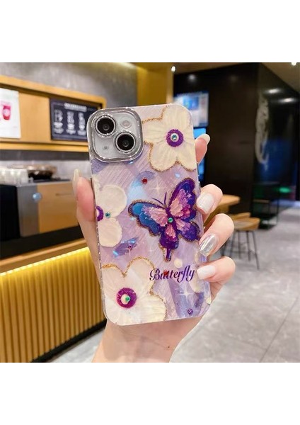 iPhone 15 Kılıf Renk Geçişli Taşlı Kamera Lens Korumalı Simli Mor Butterfly Desenli Darbe Emici Kapak modelleri