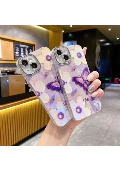 iPhone 15 Kılıf Renk Geçişli Taşlı Kamera Lens Korumalı Simli Mor Butterfly Desenli Darbe Emici Kapak fırsatları