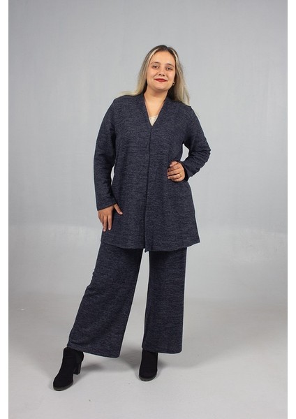 Pamuklu Yün Viskon Büyük Beden Pantolon Hırka Takım Lacivert