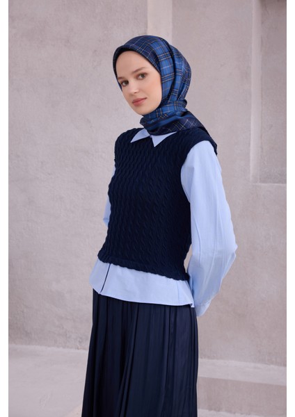 Ekose Desen Ipek Twill Eşarp 4218D01 Lacivert