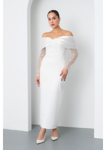 Kadın Beyaz Kol Detaylı Fiyonklu Söz Nişan Nikah Abiye Elbise