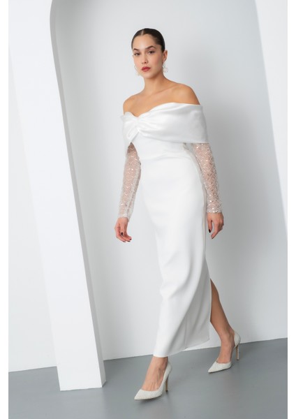 Kadın Beyaz Kol Detaylı Fiyonklu Söz Nişan Nikah Abiye Elbise fiyatları