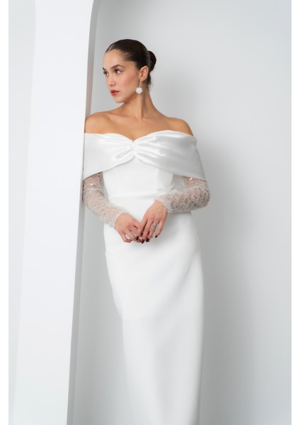 Kadın Beyaz Kol Detaylı Fiyonklu Söz Nişan Nikah Abiye Elbise modelleri