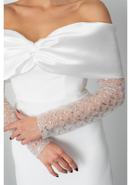 Kadın Beyaz Kol Detaylı Fiyonklu Söz Nişan Nikah Abiye Elbise fırsatları