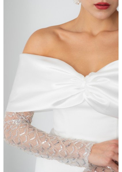 Kadın Beyaz Kol Detaylı Fiyonklu Söz Nişan Nikah Abiye Elbise indirimleri