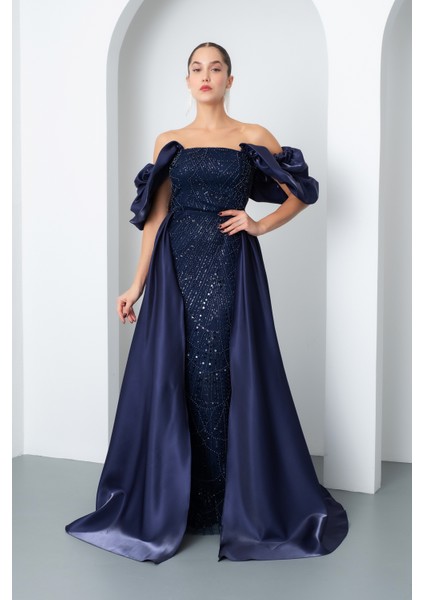 Kadın Lacivert Kayık Yaka Saten Kuyruklu Uzun Boncuklu Abiye fiyatları