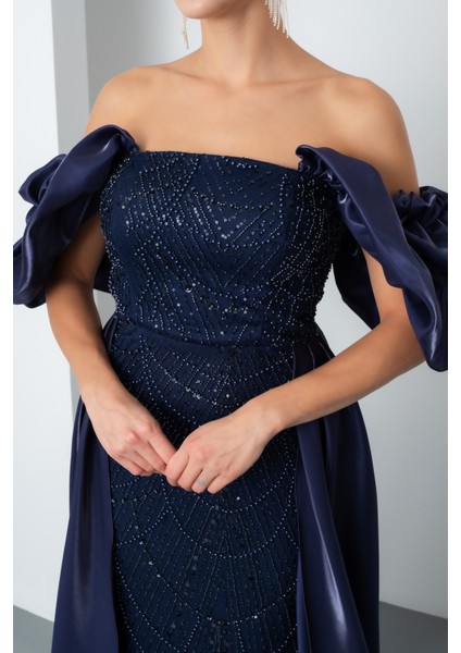 Kadın Lacivert Kayık Yaka Saten Kuyruklu Uzun Boncuklu Abiye indirimleri