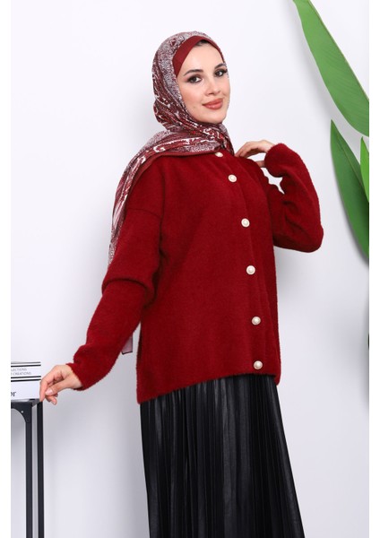 Bordo Bisiklet Yaka Angora Yumoş Hırka modelleri