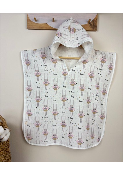 Organik %100 Pamuk Müslin Kapşonlu Panço Plaj Havuz 1 - 5 Yaş Çocuk Bebek Pançosu