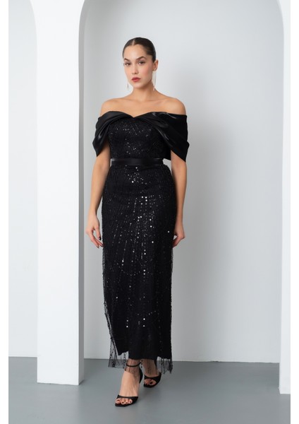 Kadın Siyah Kayık Yaka Midi Boncuklu Abiye Elbise fiyatları