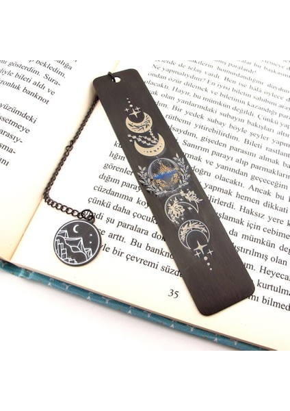 Ayın Evreleri ve Dağ Temalı Siyah Çelik Bookmark Metal Ayraç Kitap Ayracı Zincirli AY071 fiyatları
