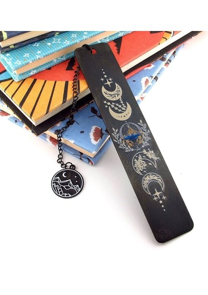Ayın Evreleri ve Dağ Temalı Siyah Çelik Bookmark Metal Ayraç Kitap Ayracı Zincirli AY071 modelleri