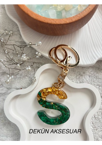 S Harfi Epoksi Yeşil Gold El Yapımı Anahtarlık