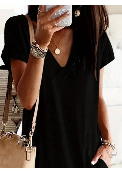 Kadın Kısa Kollu V Yakalı Cepli Kısa Viskon Elbise modelleri