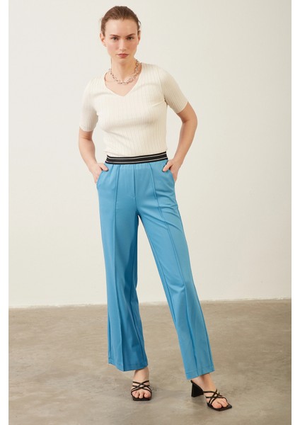 Kadın Pantolon Beli Lastikli Geniş Paça Pantolon Mavi - E044